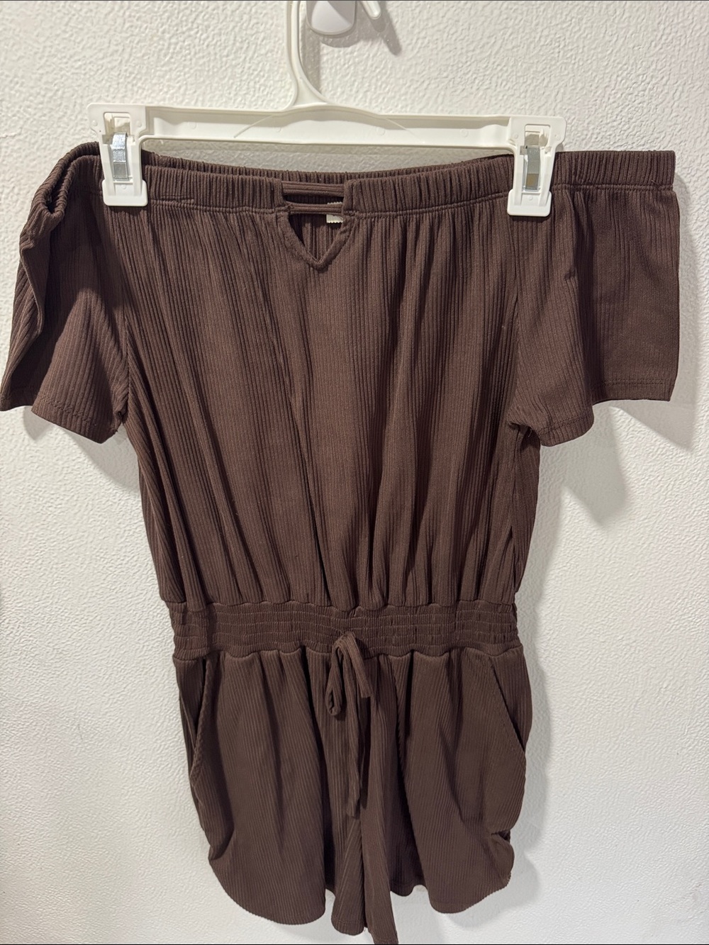 Derek Heart Off-Shoulder Brown Ribbed Tie-Waist Romper